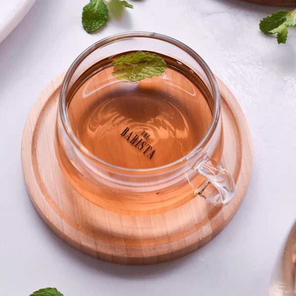 Barista Borosilicate Glass Cup with Bamboo Saucer (1 piece)